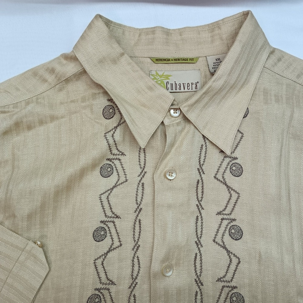 Cubavera Mens XXL Gold Linen Blend Embroidered Guayabera Short Sleeve Shirt